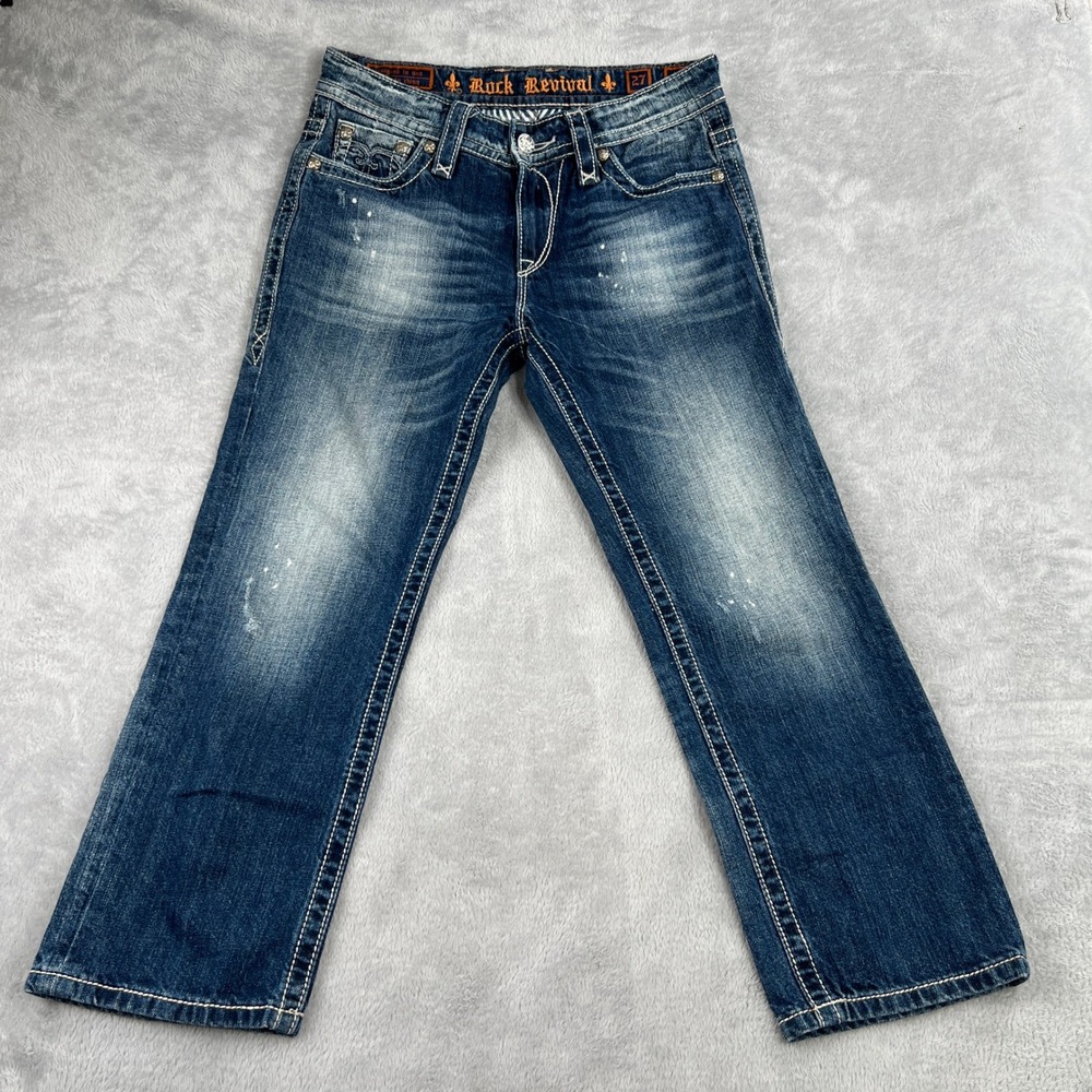 Rock Revival Emilie Boyfriend Jeans 27 Womens Distressed Fleur De Lis Y2K Denim